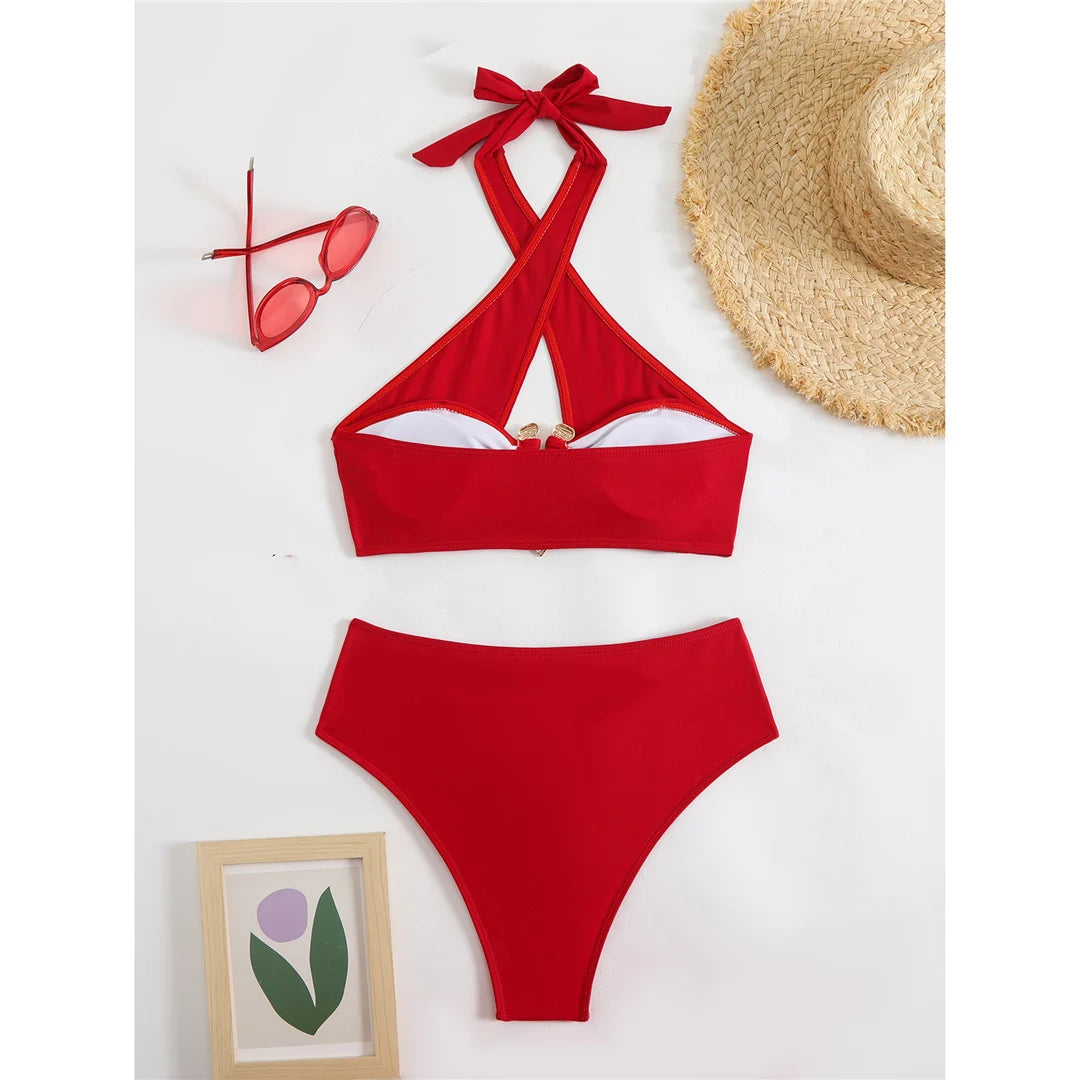 Halter cut-out high waist bikini set with padded top in solid colors for women, offering a chic and stylish swimwear option.