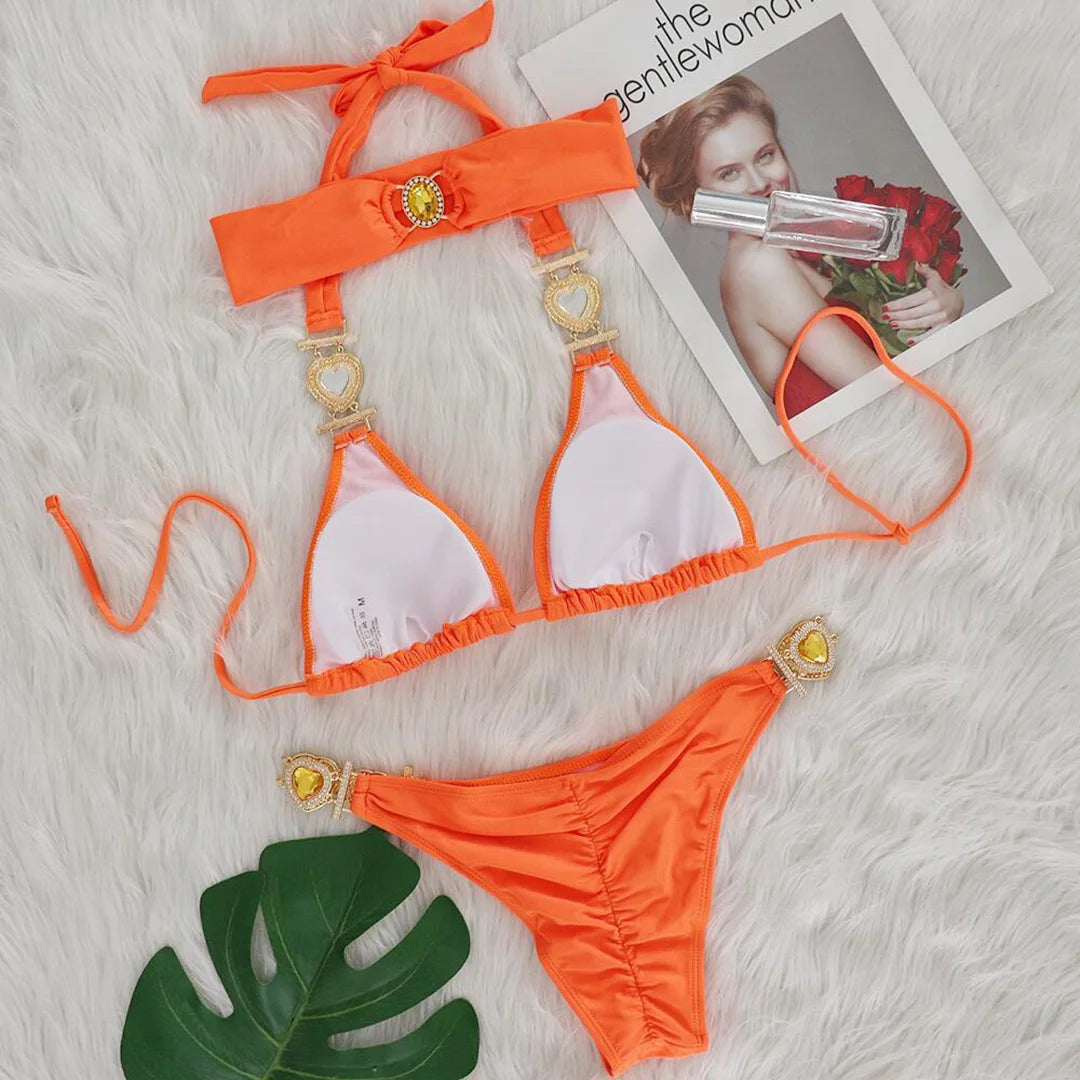 Ensemble de bikinis à diamants pour femmes en vert, rouge orange, orange, rouge, multicolore et rose, composé de nylon et de spandex, combinaison deux pièces à taille basse, sans fil, ajustement à la taille, avec coussinets, adapté à la natation sportive, disponible en tailles S, M, L, Nouvel état, Livraison gratuite, En stock, Convient à la tranche d'âge 18-35 ans, Adulte.