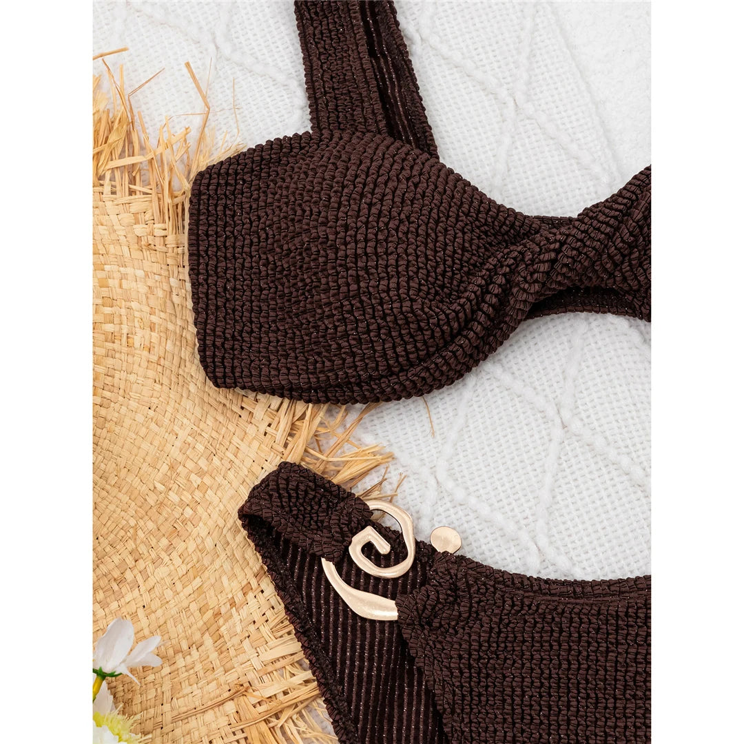 Crinkled Brazilian Bikini Set with trendy texture, flattering Brazilian cut, solid color, low waist, wire-free design for chic beach or poolside elegance.