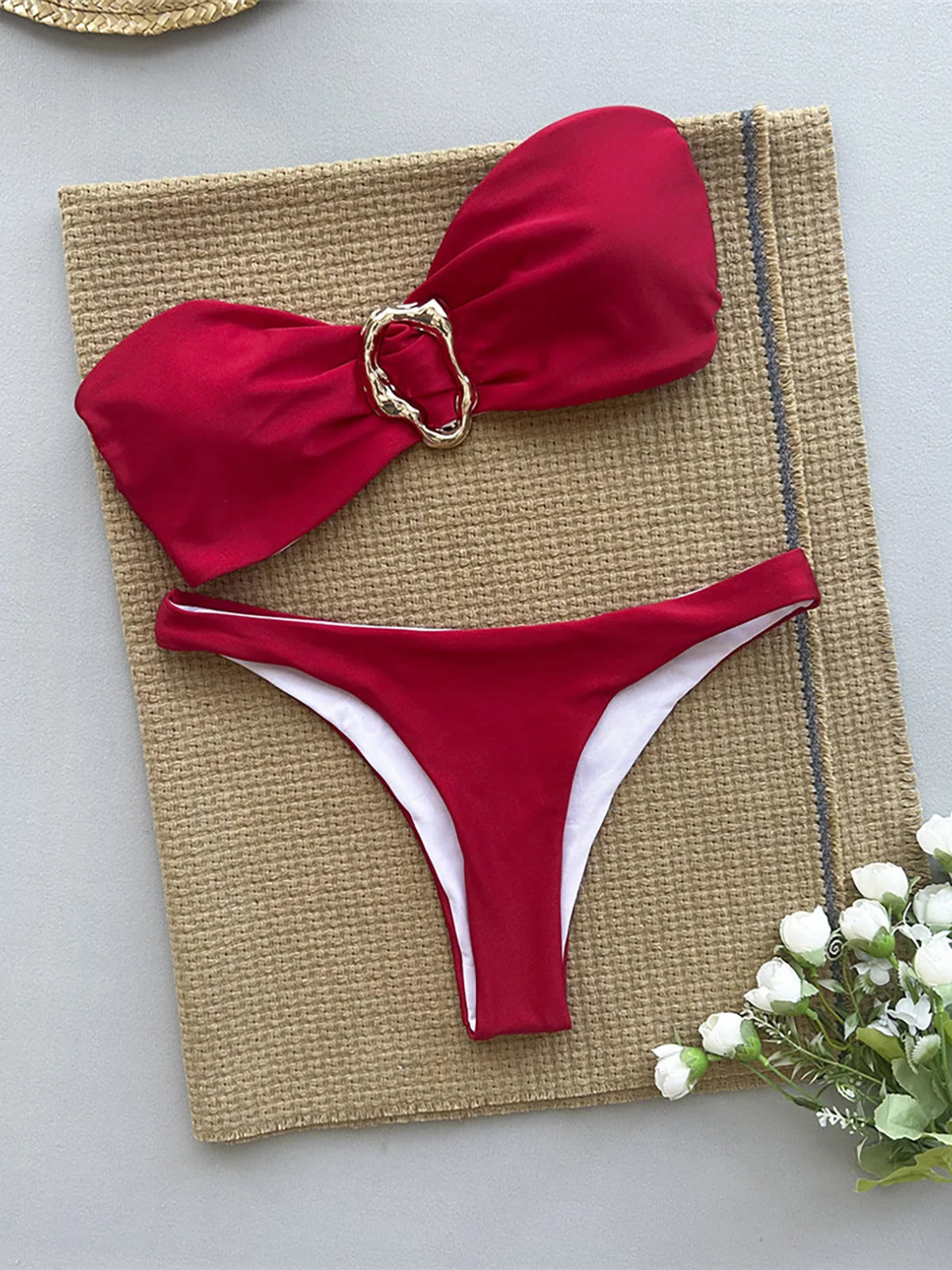 Bandeau Metal Ring Bikini, sleek bandeau top, chic metal ring detail, Polyester Spandex material, solid pattern, wire-free support, low waist design, women's bikini set, available in red and black.
