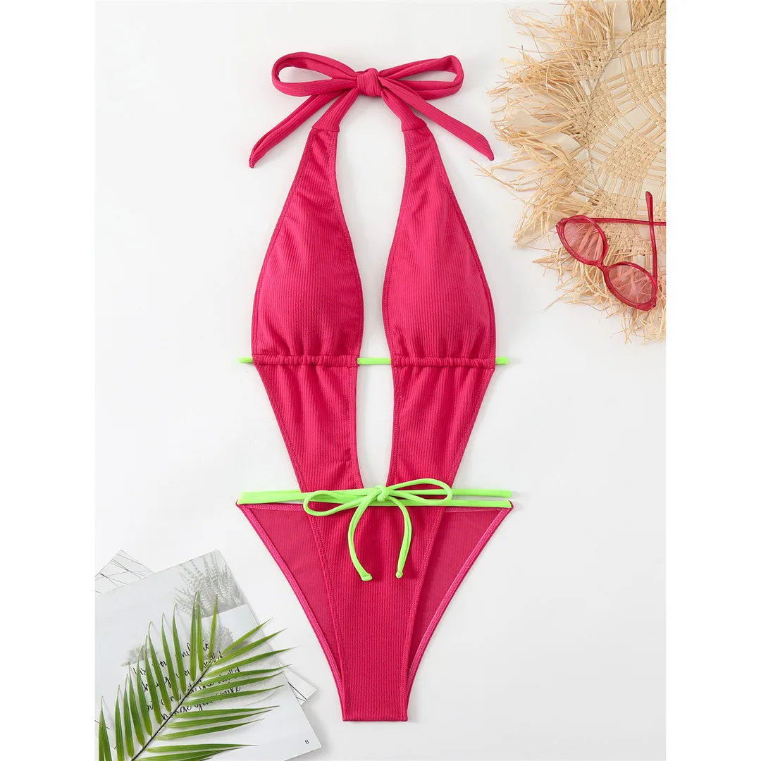 Deep V Neck Backless One Piece Swimsuit in Hot Pink, Made of Nylon and Spandex, Fits True to Size for Women aged 18-35 and Adults, Available in Stock with Free Shipping