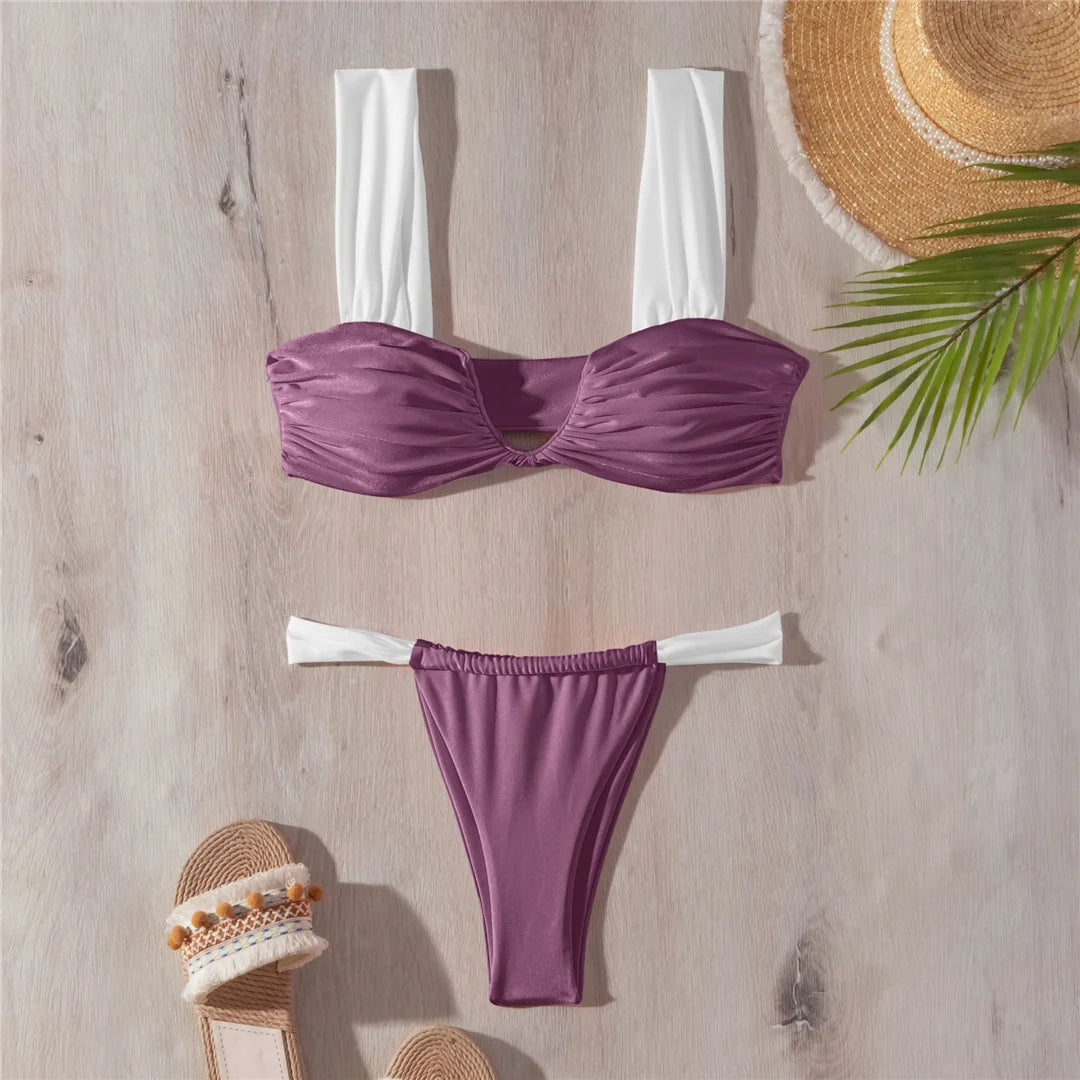 Chic Wrinkled V Neck Bikini Set, Maillot de bain deux pièces avec jambe haute et col en V, Fabriqué en Nylon et Spandex confortable, Motif solide, Ajustement fidèle à la taille, Sans fil avec design taille basse, Avec coussin pour plus de confort, Disponible en Orange, Red Bean, Pinkish, et Rouge, Parfait pour les femmes et le groupe d'âge adulte, En stock avec Livraison Gratuite, Etat Neuf