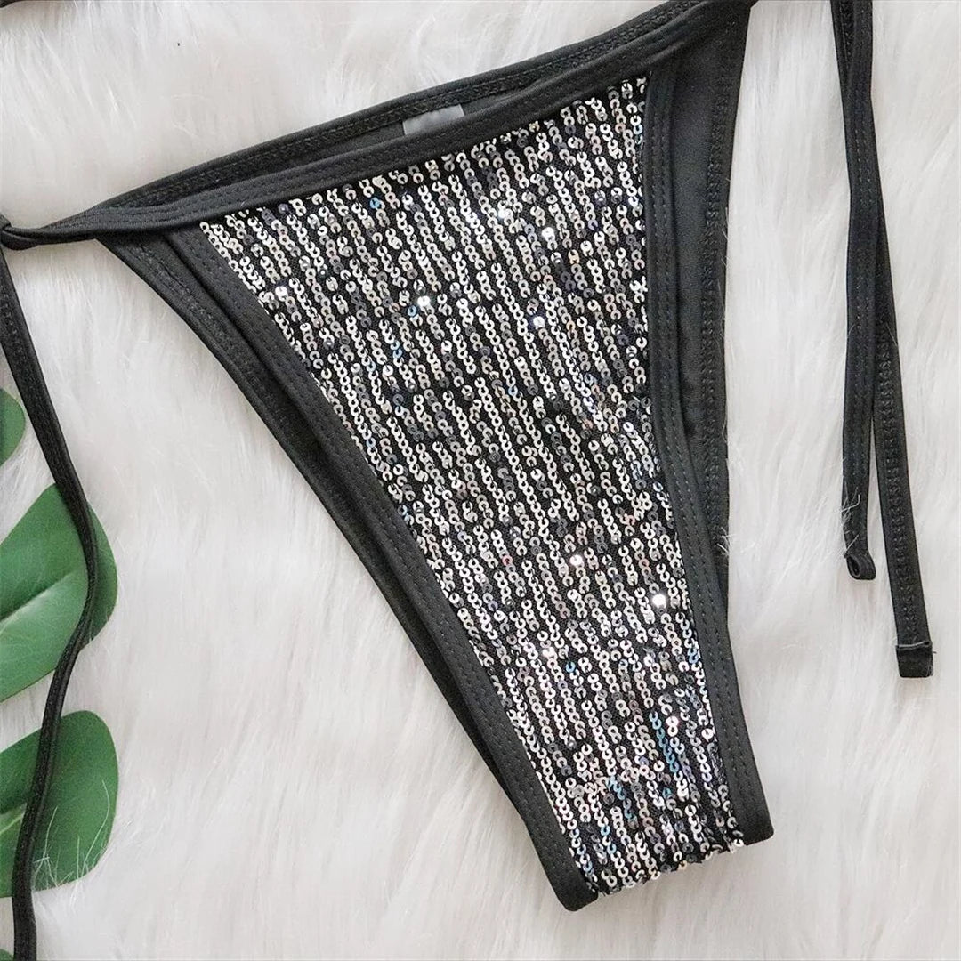 Ensemble de bikinis à paillettes brillantes pour femmes, maillot de bain deux pièces noir et camel uni, sans armature avec taille basse, s'adapte à la taille, disponible dans les tailles S à L, parfait pour la mode scintillante à la plage.