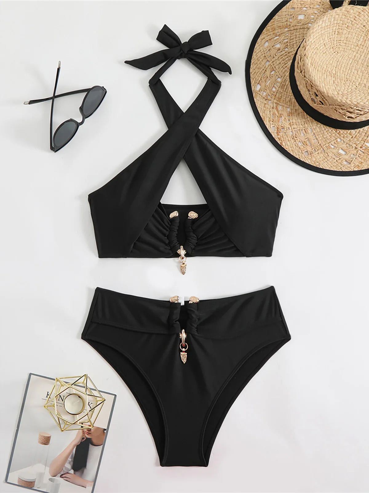 Halter cut-out high waist bikini set with padded top in solid colors for women, offering a chic and stylish swimwear option.