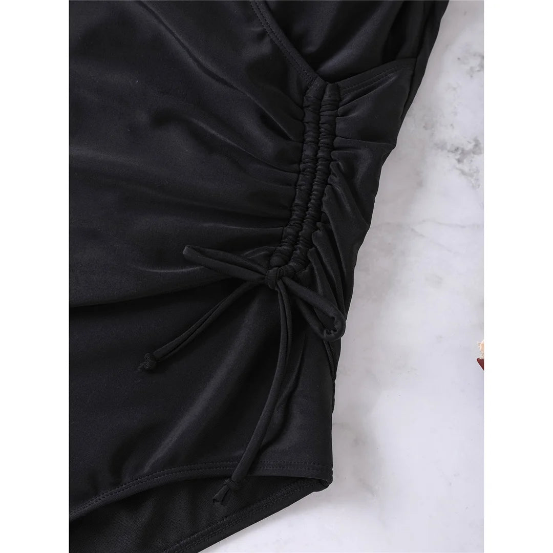 V-neck knotted high-cut leg one-piece swimsuit with padded support and elegant black design for women.