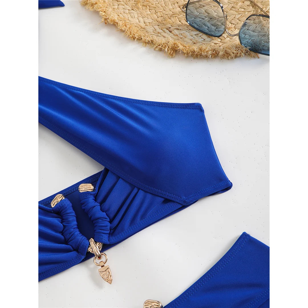 Halter cut-out high waist bikini set with padded top in solid colors for women, offering a chic and stylish swimwear option.