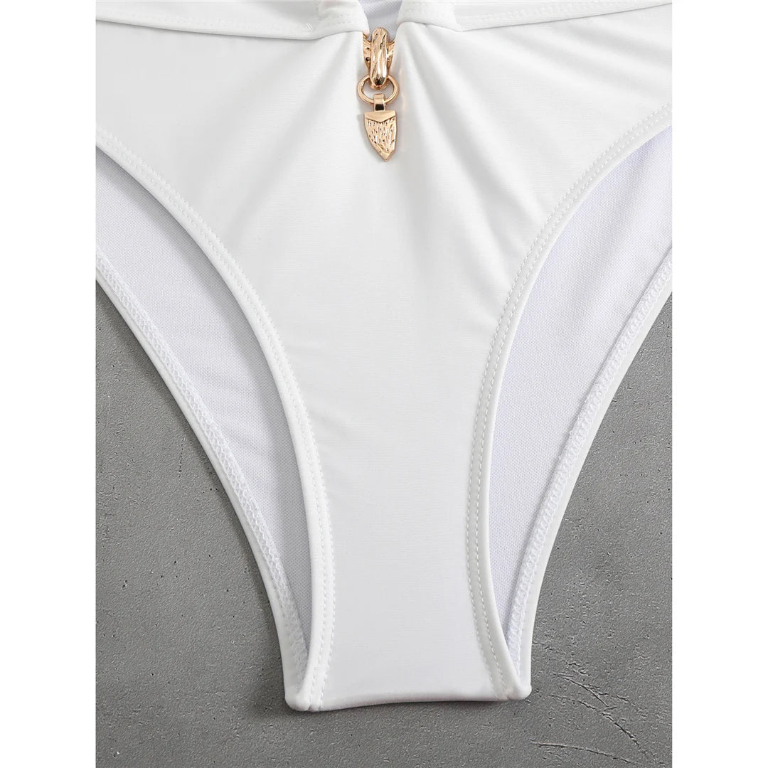 Halter cut-out high waist bikini set with padded top in solid colors for women, offering a chic and stylish swimwear option.