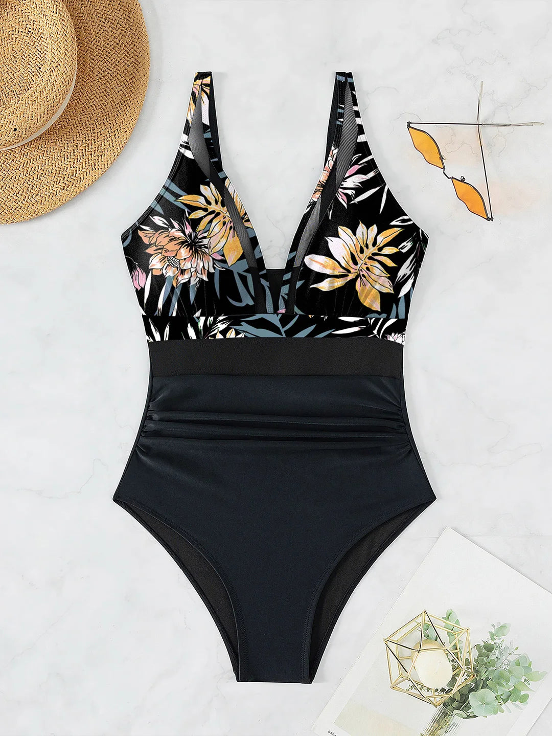 Mesh Sheer V Neck Leopard Printed One Piece Swimsuit available in sizes S to XL. Made of Nylon and Spandex, this one-piece swimsuit or monokini features sheer mesh detailing and a bold leopard print. With its deep V neck and flattering silhouette, it is perfect for making a striking impression at the pool or beach. Available in Black, Deep Blue, Hot Pink, Red, White, Dark Green, Green, Leaves, Leopard, and Multicolor.