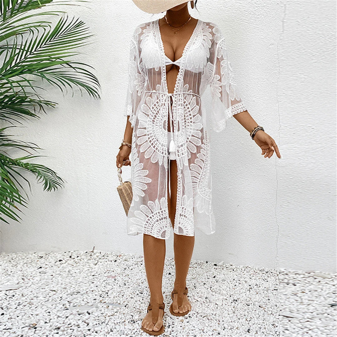 Tunique cardigan en mousseline de soie brodée à demi-manches - Élégante couverture de plage en mousseline de soie brodée, idéale pour la garde-robe d'été, mélange de nylon, polyester et coton, motif uni pour le bord de la piscine ou les promenades sur le rivage.