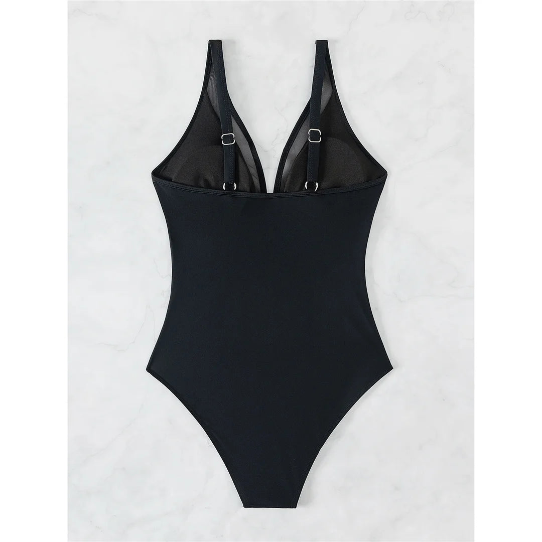 Maillot de bain une pièce en maille à col en V pour femmes, monokini noir audacieux avec jambe haute, design enchanteur et sophistiqué pour un style de plage gracieux