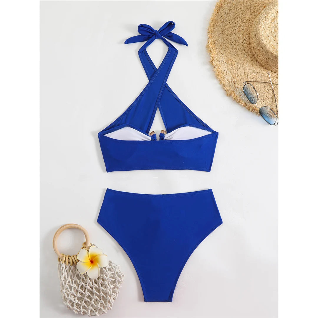 Halter cut-out high waist bikini set with padded top in solid colors for women, offering a chic and stylish swimwear option.