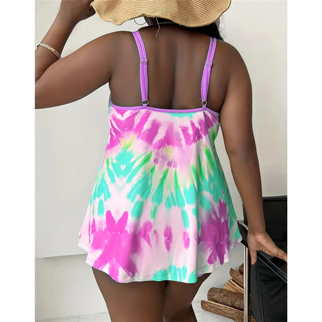 Ensemble bikini deux pièces tie-dye pour femmes, tailles allant de 0XL à 4XL. Idéal pour celles qui recherchent un look élégant à la plage ou à la piscine, ce bikini à taille haute associe un design branché à une coupe confortable. Fabriqué en nylon et spandex très extensibles, il est doté d'un soutien et d'un rembourrage sans fil. Disponible en violet et en bleu lac pour toutes les saisons de natation à la mode.