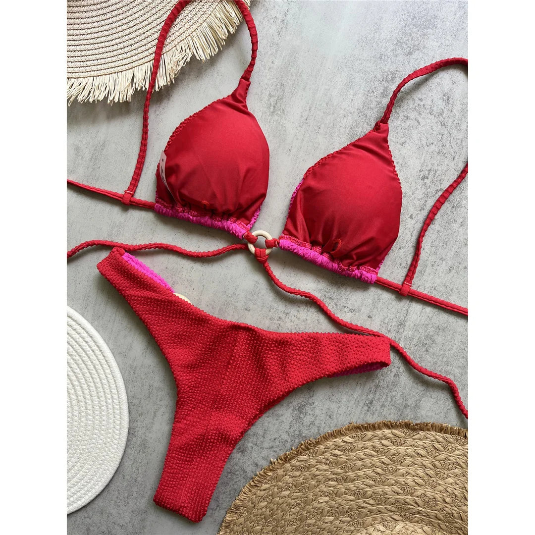Crinkled Splicing Brazilian Bikini Set with stylish patchwork design, crinkled texture, low waist, wire-free, perfect for standout beach or poolside style.
