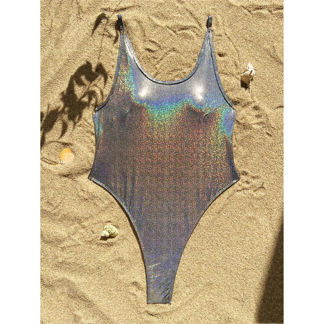 Dazzling Mini One-Piece Swimsuit for Women, Micro Thong Silhouette, High-Leg Cut, Glitter Detail, Fits True to Size, Available in Sizes S to XL, Material: Nylon and Spandex, Solid Pattern, Silver Color, Perfect for Summer Fun, Comes with Padding