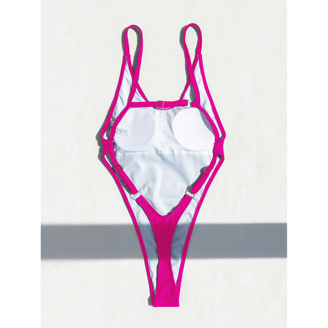 Backless extreme string monokini in monochrome solid colors: blue, black, white, coffee, and hot pink.