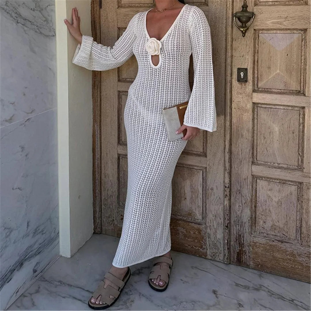 3D flower long sleeve crochet tunic, V-neck design, polyester solid pattern, women's beach cover-up, elegant and lightweight beachwear.