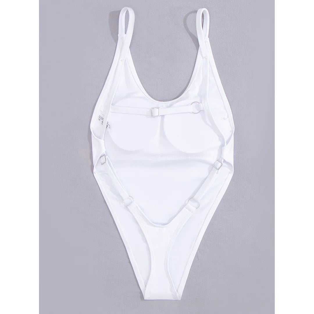 Backless extreme string monokini in monochrome solid colors: blue, black, white, coffee, and hot pink.