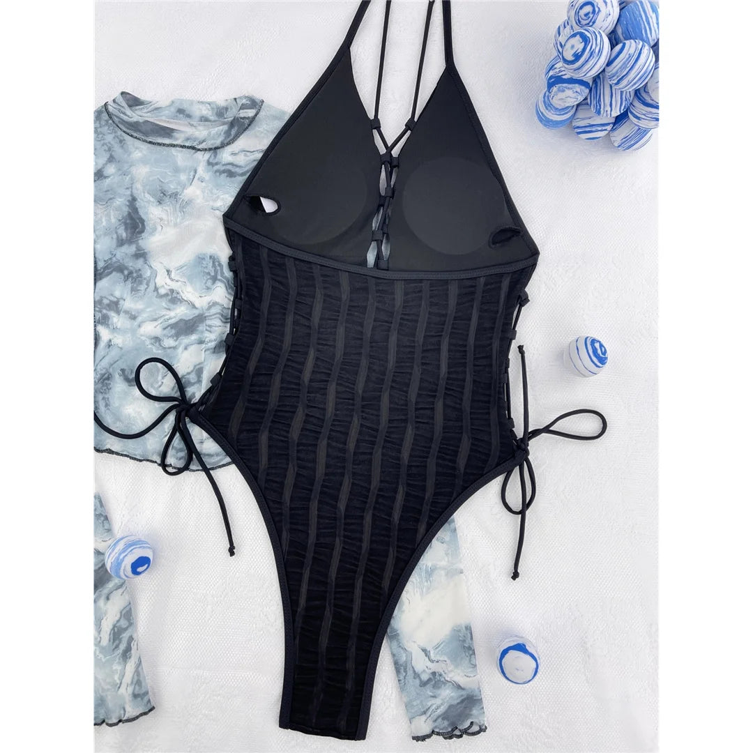 Monokini à bretelles dos nu avec dentelle froissée pour femmes, élégant maillot de bain une pièce noir avec jambe haute, design texturé au charme séduisant pour les jours de plage