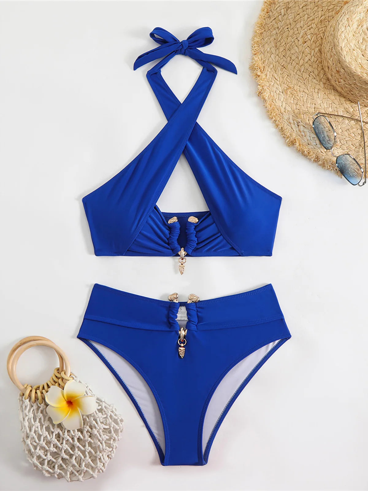 Halter cut-out high waist bikini set with padded top in solid colors for women, offering a chic and stylish swimwear option.