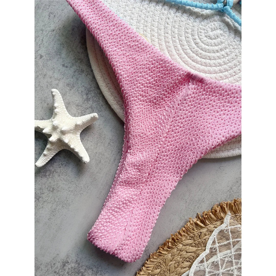 Crinkled Splicing Brazilian Bikini Set with stylish patchwork design, crinkled texture, low waist, wire-free, perfect for standout beach or poolside style.