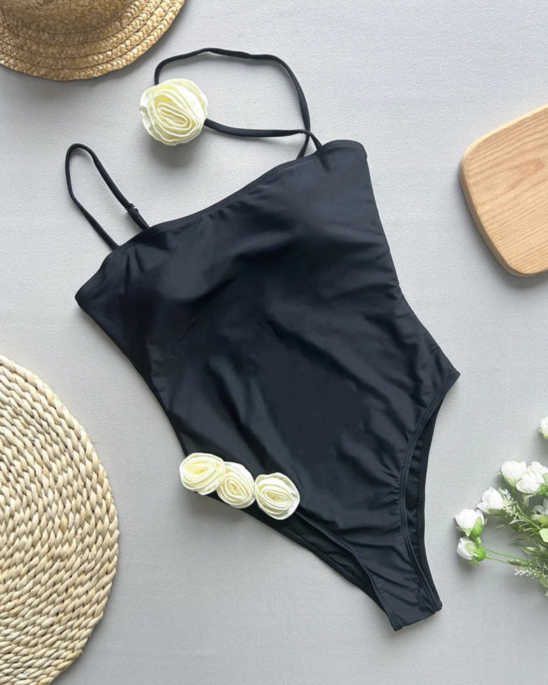3D Flowers High Cut Swimsuit with striking floral details, high cut design, emphasizing silhouette, perfect for beach or poolside elegance.