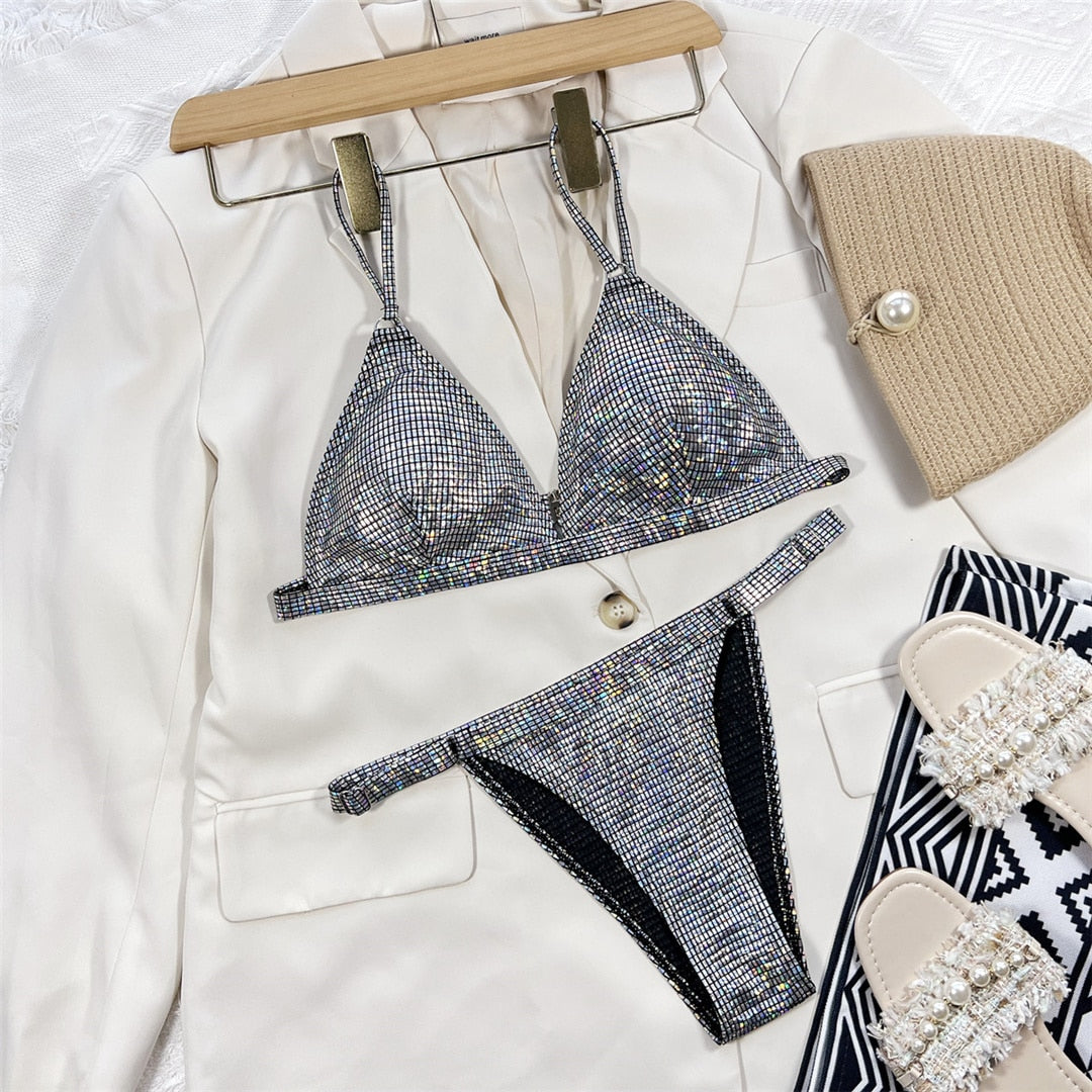 S - XL Sexy Shiny Sequins High Cut Bikini Women Swimwear Female Swimsuit Two-piece Bikini set Bather Bathing Suit Swim Rave Festival Attire EDM Burning Man