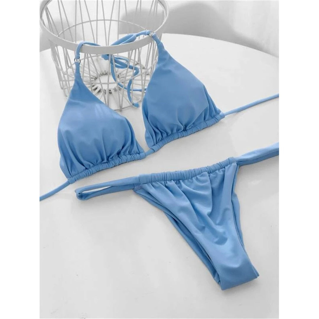 Light Blue Sexy Wrinkled High Cut Thong Bikini Women Swimwear Female Swimsuit Two-pieces Bikini set Bather Bathing Suit Festival Swim Lady Brazilian Micro Cheeky