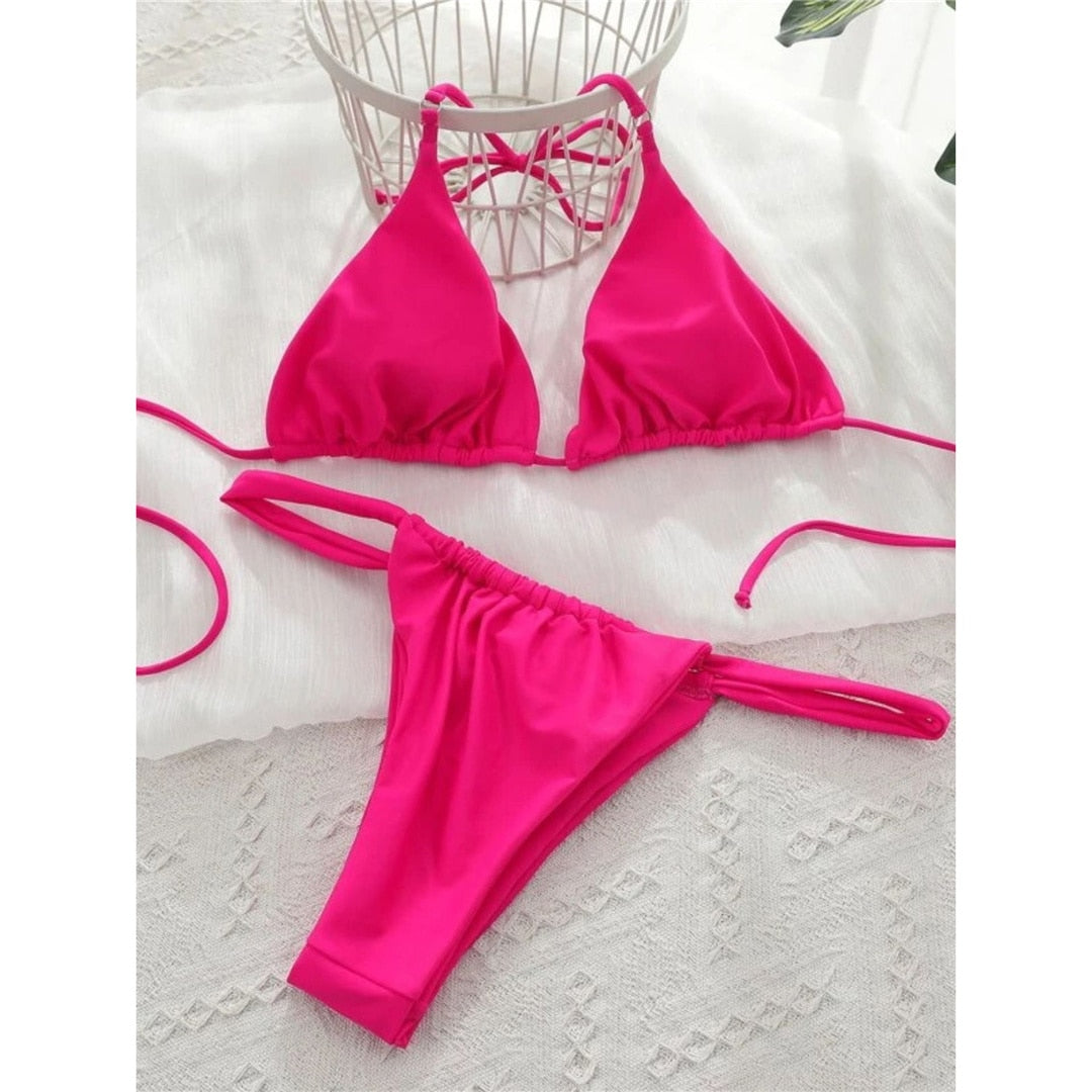 Hot Pink Sexy Wrinkled High Cut Thong Bikini Women Swimwear Female Swimsuit Two-pieces Bikini set Bather Bathing Suit Festival Swim Lady Brazilian Micro Cheeky