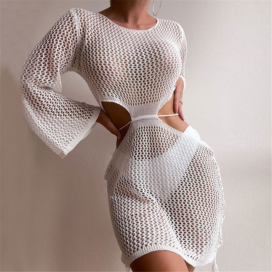 Blanc Sexy Long Sleeve Hollow Out Cut Out Crochet Knitted Tunic Beach Cover Up Cover-ups Beach Dress Beach Wear Beachwear Female