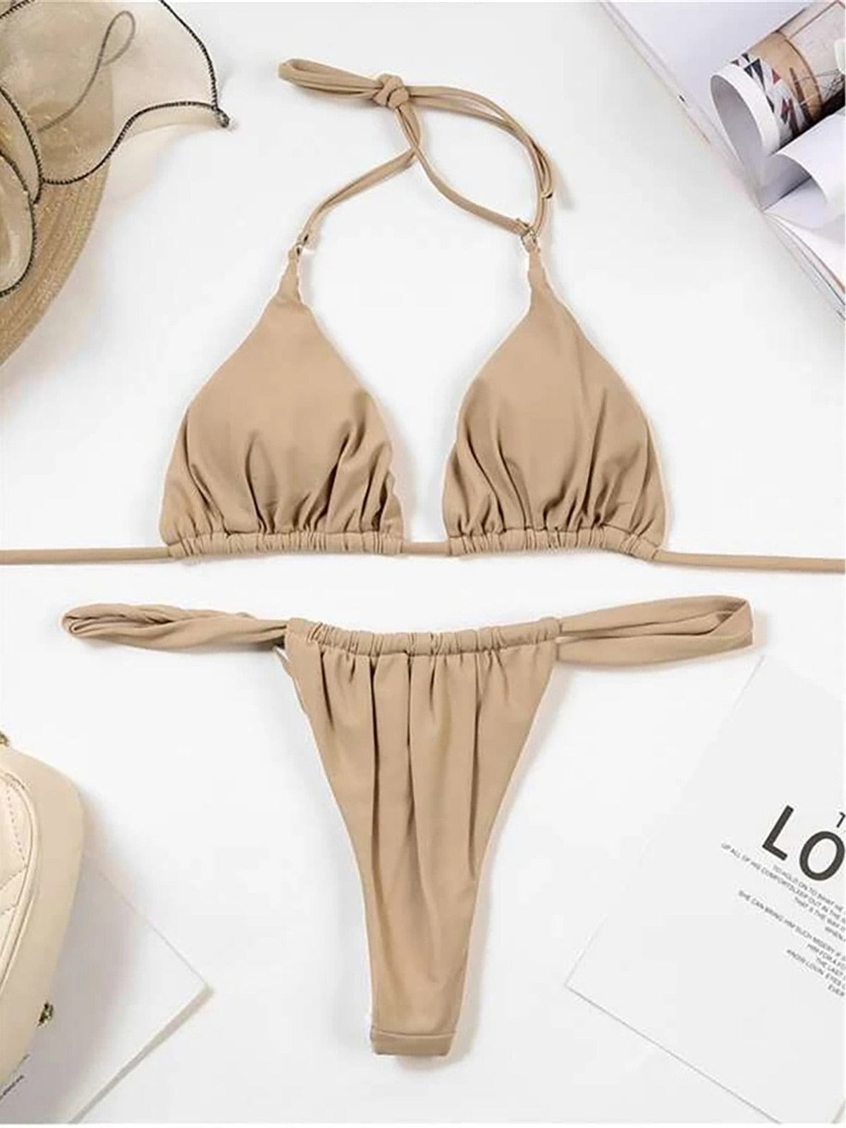 Beige Tan Brown Sexy Wrinkled High Cut Thong Bikini Women Swimwear Female Swimsuit Two-pieces Bikini set Bather Bathing Suit Festival Swim Lady Brazilian Micro Cheeky