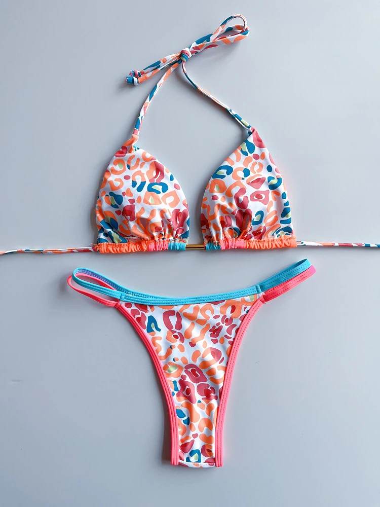 Neon Halter Leopard Printed Splicing Bikini Female Swimsuit Women Swimwear Two-pieces Bikini set Bather Bathing Suit Swim Lady Brazilian Thong Cheeky Mini Micro Swimsuit Cheetah Leopard