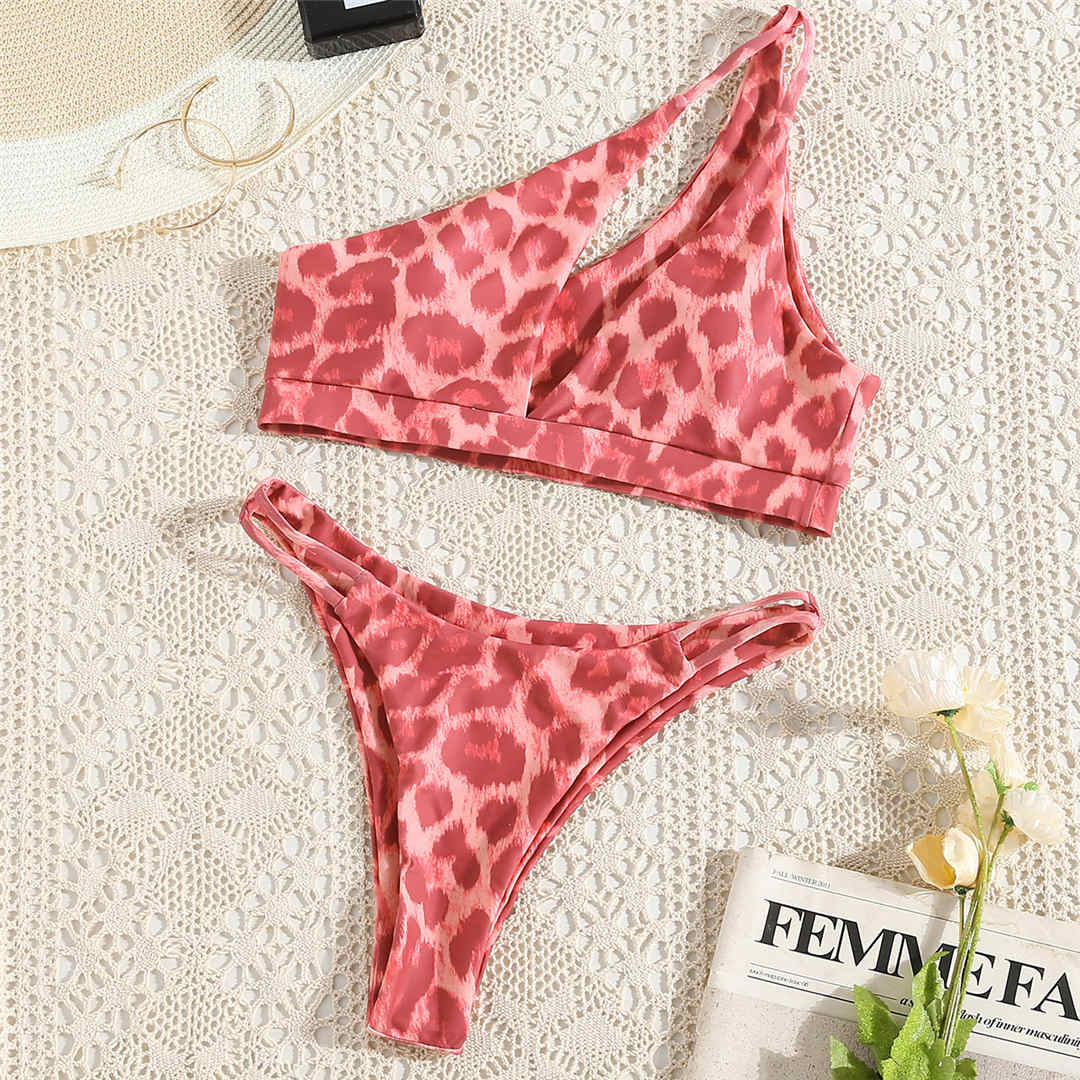 New Leopard Asymmetric Bikini Female Swimsuit Women Swimwear Two-pieces Bikini set One Shoulder Bathering Suit Swim