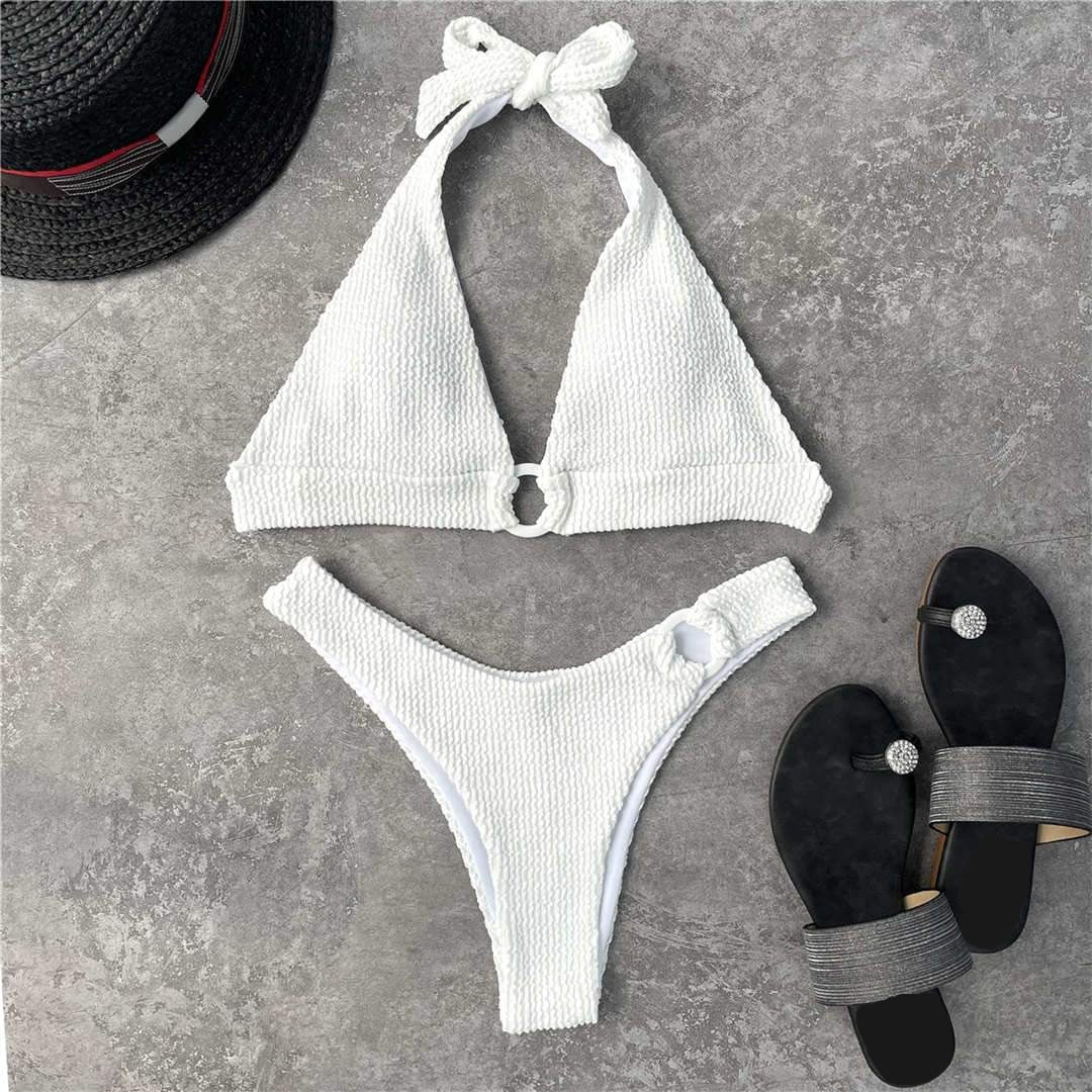 White Halter Wrinkled Bikini Women Swimwear Female Swimsuit Two-pieces Bikini set Mid Waist Brazilian Bather Bathing Suit Swim