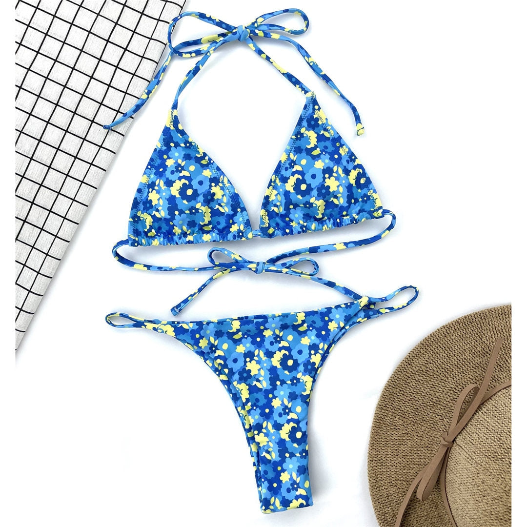 New Blue Floral Printed Halter Bikini Female Swimsuit Women Swimwear Two-pieces Bikini set Flower Bather Bathing Suit Swim