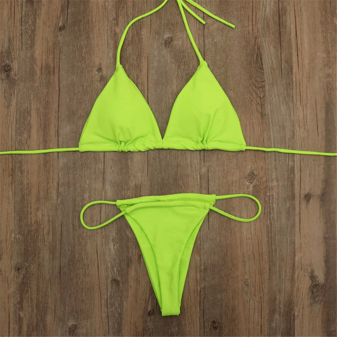 Green Neon Brazilian Micro New Sexy Halter Tiny Thong Elastic Soft Bikini Women Swimwear Female Swimsuit Two-pieces Bikini set Padded Mini Bather Bathing Maillot de bain