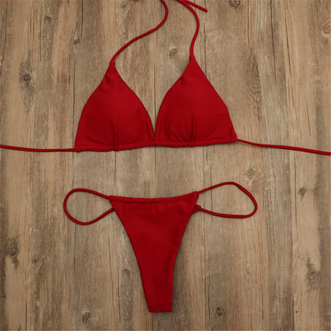 Red Wine Brazilian Micro New Sexy Halter Tiny Thong Elastic Soft Bikini Women Swimwear Female Swimsuit Two-pieces Bikini set Padded Mini Bather Bathing Maillot de bain