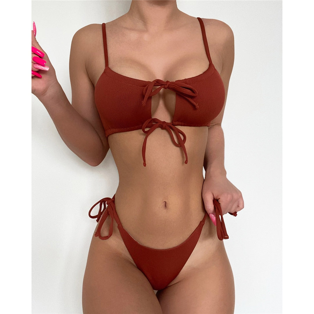 Sexy Lace Up Ribbed Brazilian Bikini Female Swimsuit Women Swimwear Two-pieces Bikini set Bather Bathing Suit Swim