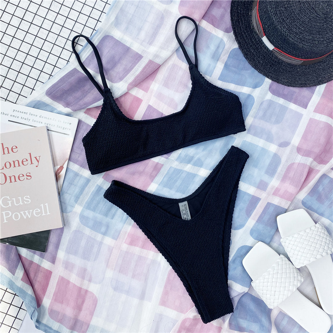 Black New Sexy Ribbed Padded Bikini Female Swimsuit Women Swimwear Two-pieces Bikini set Mid Waist Bather Bathing Suit Swim