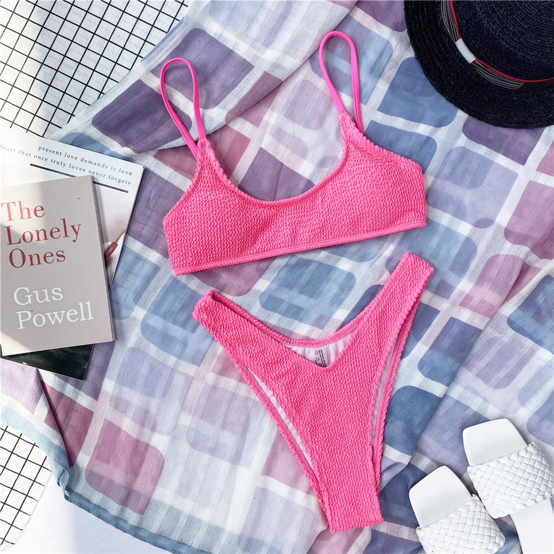 Rose New Sexy Ribbed Padded Bikini Female Swimsuit Women Swimwear Two-pieces Bikini set Mid Waist Bathering Suit Swim