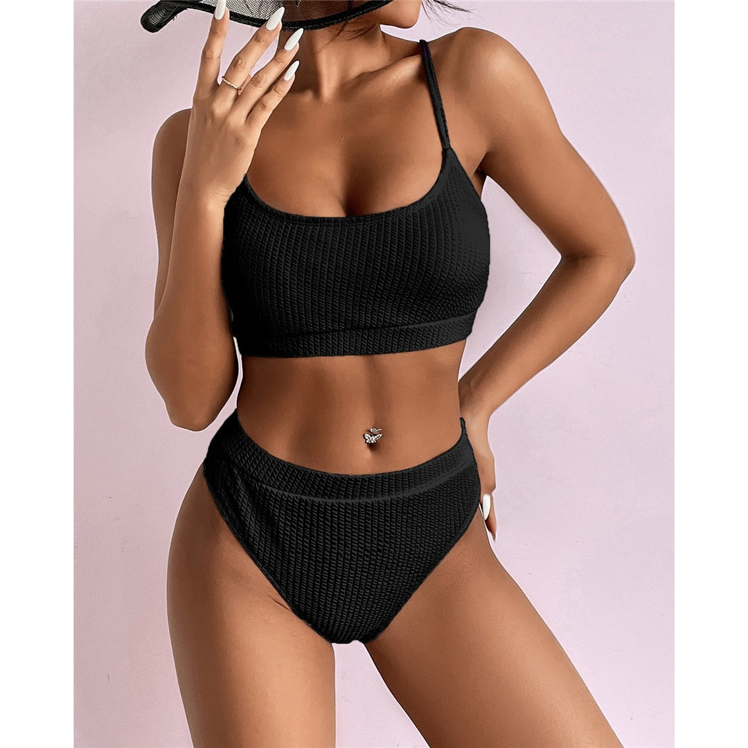 Black S - XL 12 Colors Ribbed Female Swimsuit High Waist Bikini Women Swimwear Two-pieces Bikini set Bather Bathing Suit Swim