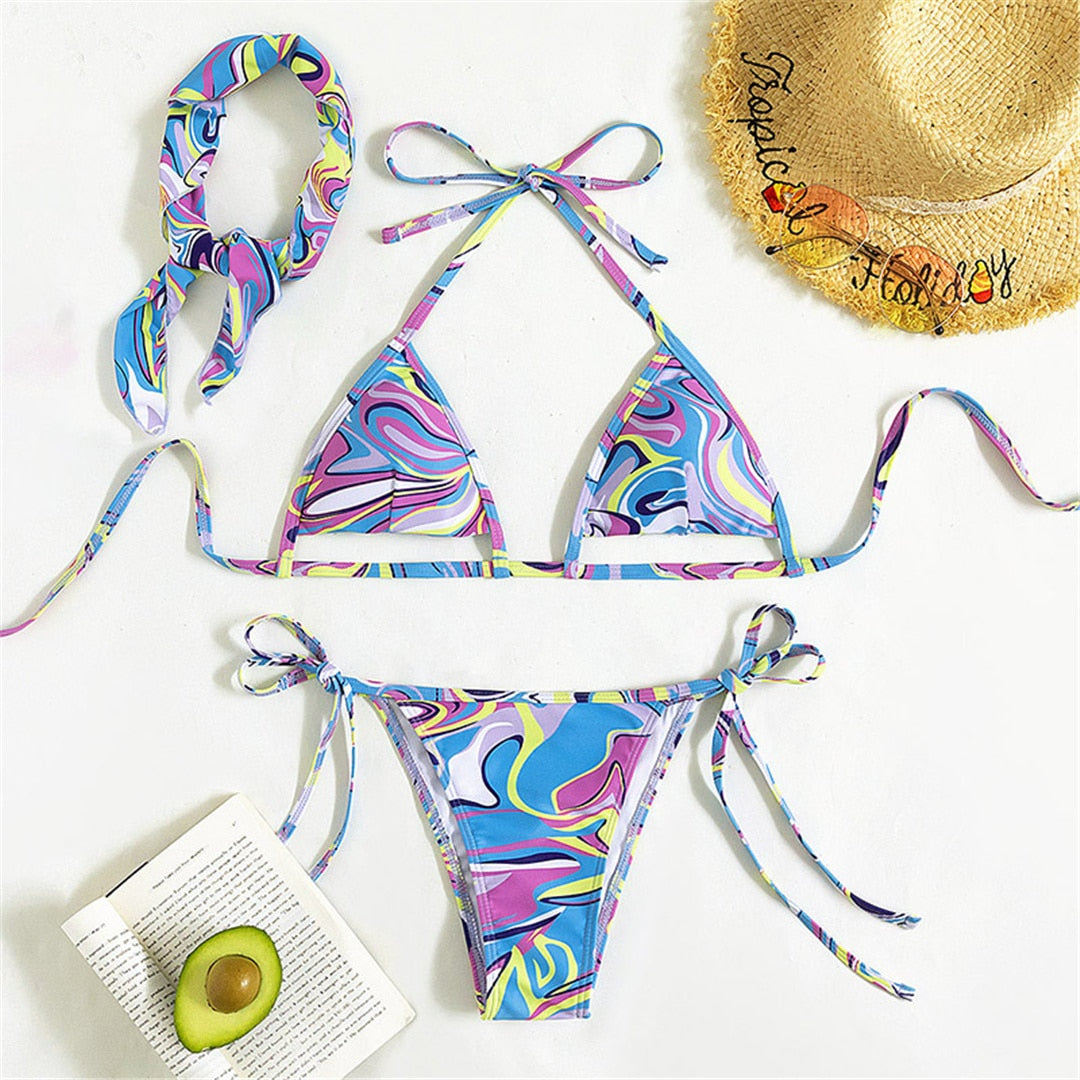 Colorful Printed Halter With Hairband Bikini Female Swimsuit Women Swimwear Three-pieces Bikini set Bather Bathing Suit Swim Lady