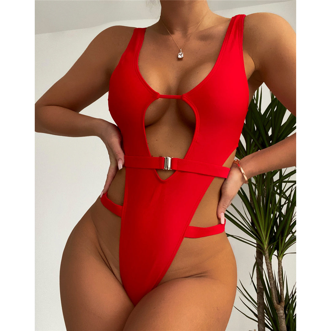 New Sexy Solid Cut Out High Leg Cut Monokini Women Swimwear One Piece Swimsuit Female Padded Red Baywatch Swimsuit Bather Bathing Suit Swim Lady 