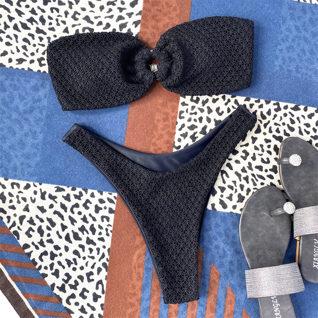 Black Sexy Wrinkled Bandeau Strapless Bikini Women Swimwear Female Swimsuit Two-pieces Bikini set Bather Bathing Suit Swim Lady