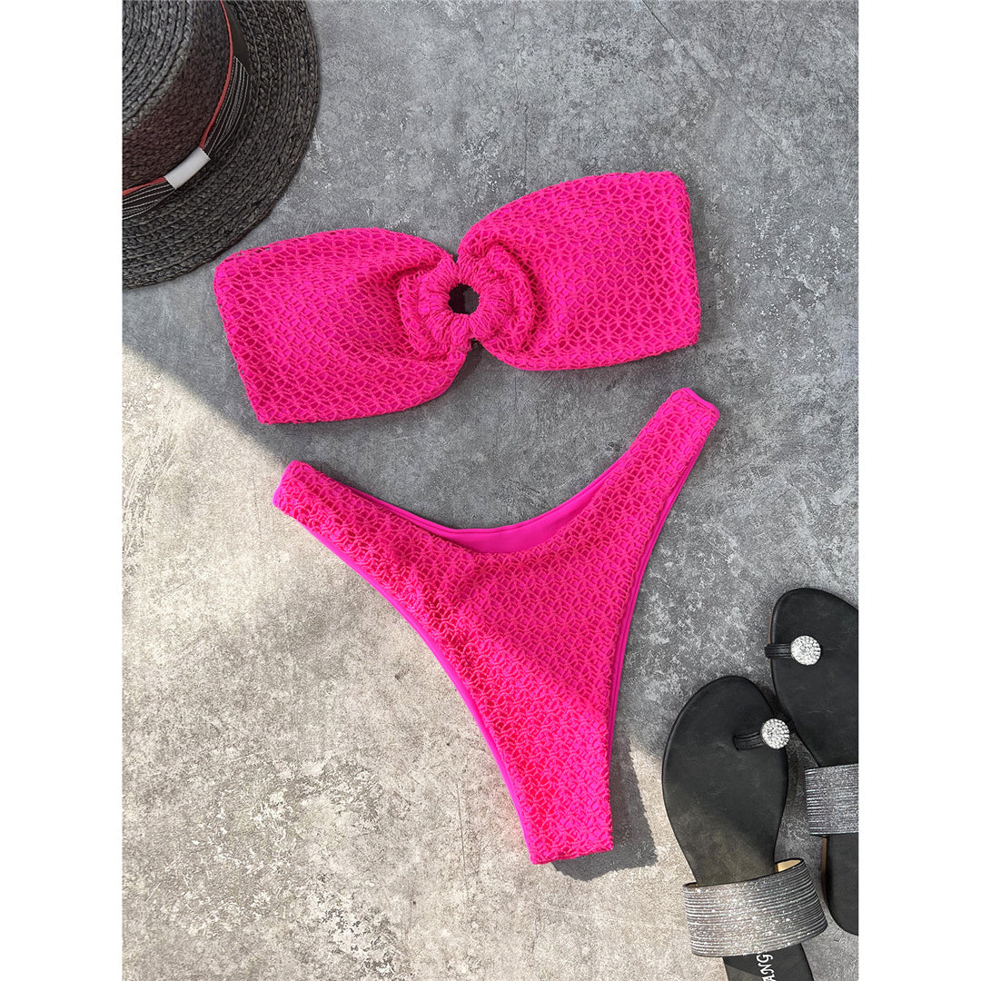 Hot Neon Pink Sexy Wrinkled Bandeau Strapless Bikini Women Swimwear Female Swimsuit Two-pieces Bikini set Bather Bathing Suit Swim Lady