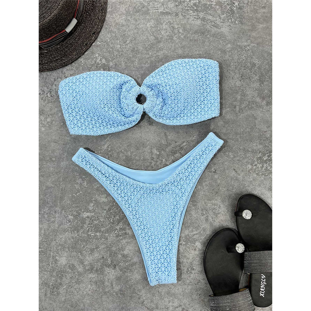 Light blue sky Sexy Wrinkled Bandeau Strapless Bikini Women Swimwear Female Swimsuit Two-pieces Bikini set Bather Bathing Suit Swim Lady