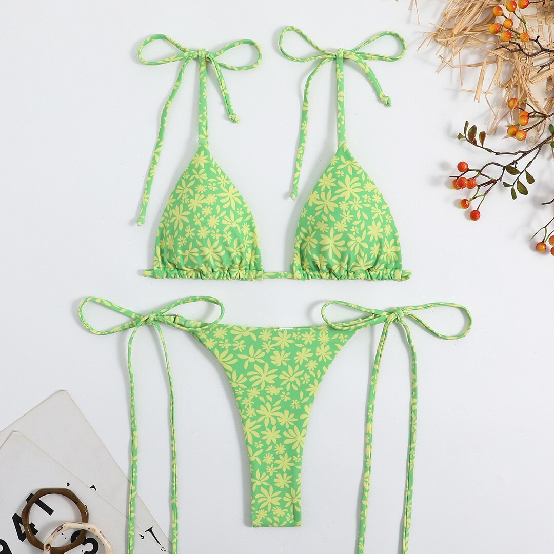Verde Giallo Nuovo fiore Sexy Bikini Donne Costume da bagno Costume da bagno femminile Due pezzi Bikini set Imbottito Bagnante Costume da bagno Brasiliano Perizoma Sfacciato Mini