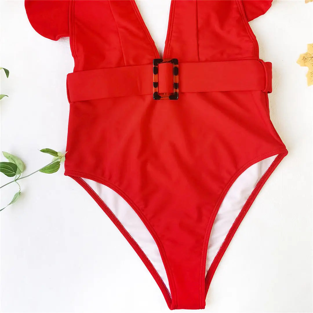 Ruffled White Deep V One-Piece Swimsuit with Belt, Elegant Monokini Made of Nylon and Spandex, Solid Pattern, Wire-Free Support, True to Size, Women's Swimwear, Comes with Padding, Available in Sizes Small, Medium, Large, Colors Available: Blue, Red, Black, Hot Pink, White, Multicolor, Free Shipping.