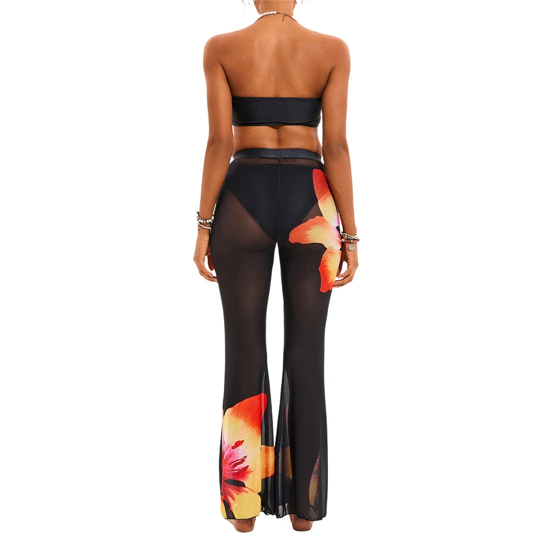 Floral Printed Bikini Set with Pants featuring vibrant prints, low waist bottoms, coordinating pants for versatility, perfect for stylish beach transitions.