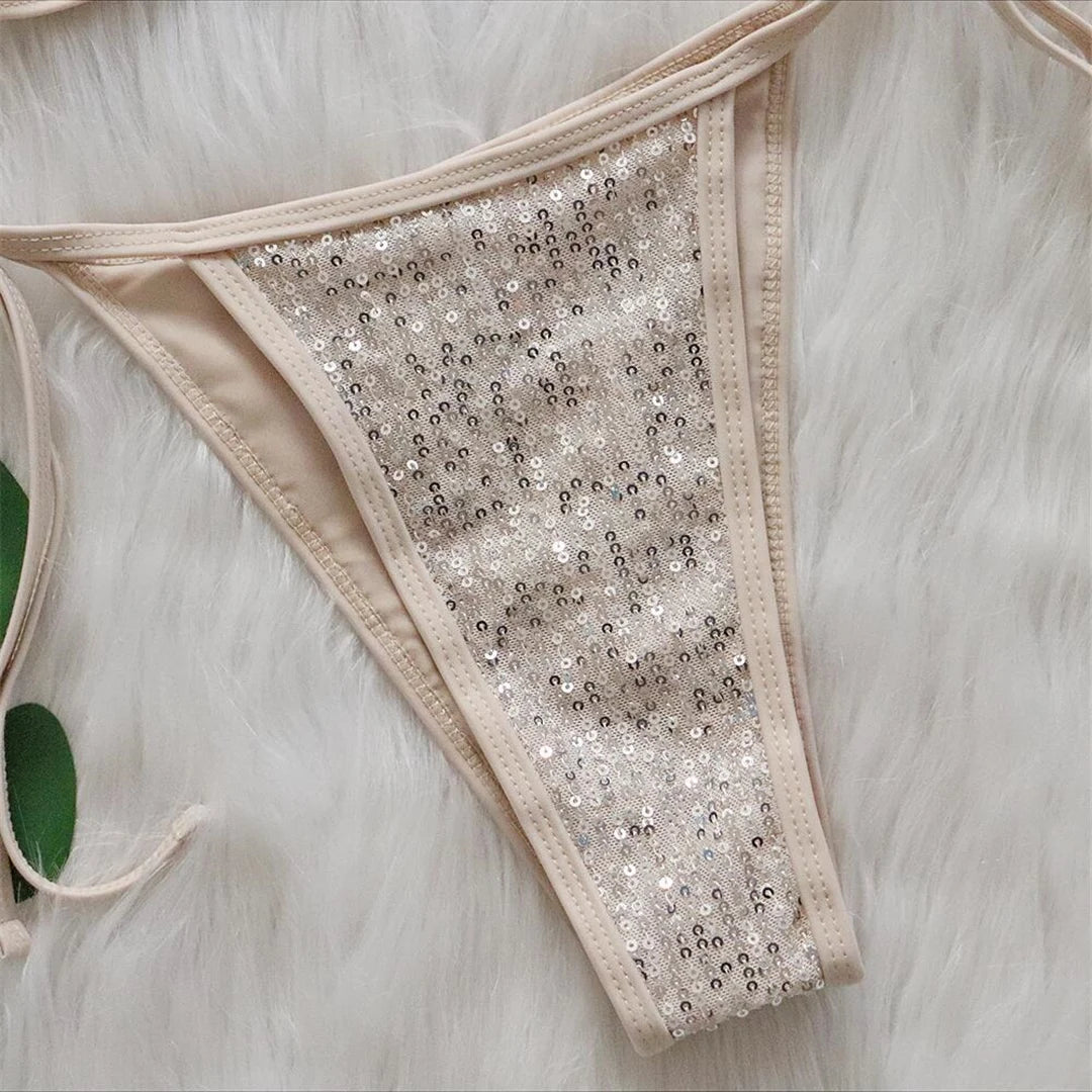 Set di bikini da donna con paillettes, costume da bagno a due pezzi in tinta unita nero e cammello, senza fili e a vita bassa, veste fedelmente alla taglia, disponibile nelle taglie dalla S alla L, perfetto per la moda da spiaggia scintillante