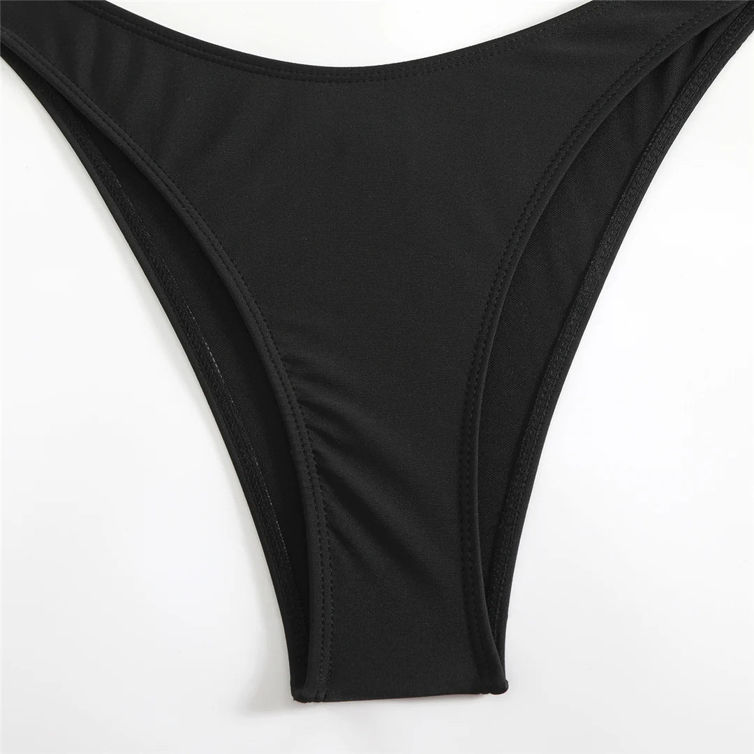 Pearls underwired bra cup Brazilian bikini set in solid black or white for an elegant and glamorous beach look with supportive cups.